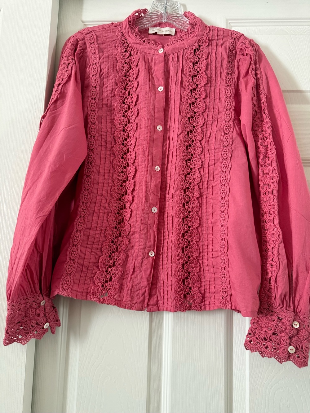 Jennifer & Grace Fuchsia High Neck Eyelet Crochet Lace Pintuck Blouse Lace
